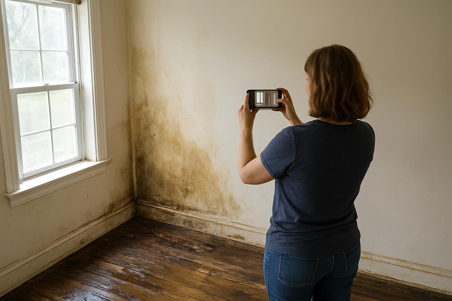 Homeowner photographing flood damage inside a house for an insurance claim