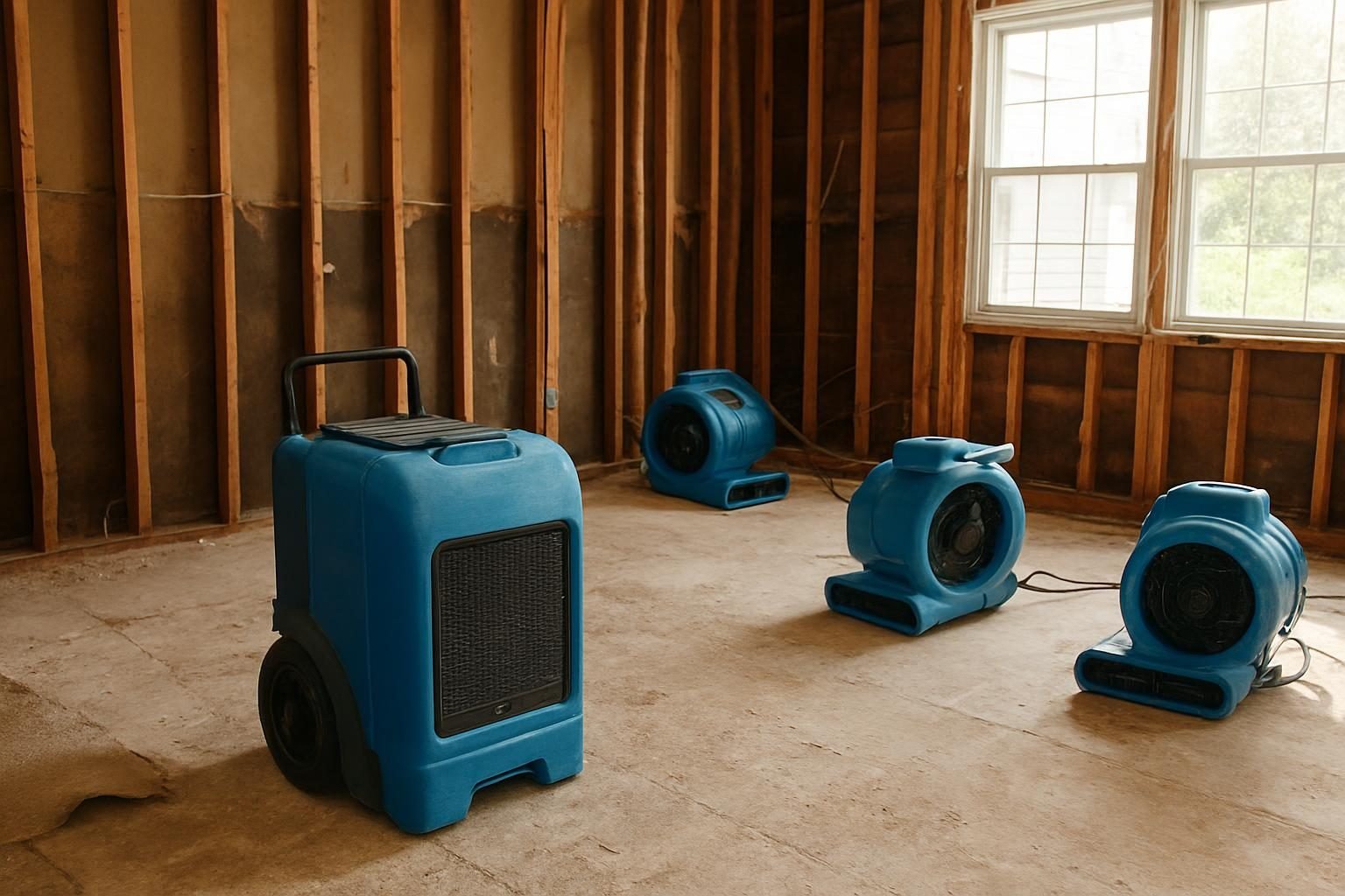 Fans and dehumidifier drying out a flood-damaged living room