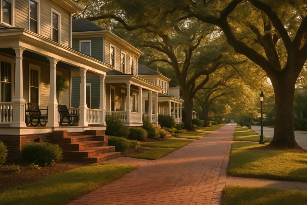 Historic street with porches and oak trees, one of the best neighborhoods in New Bern NC