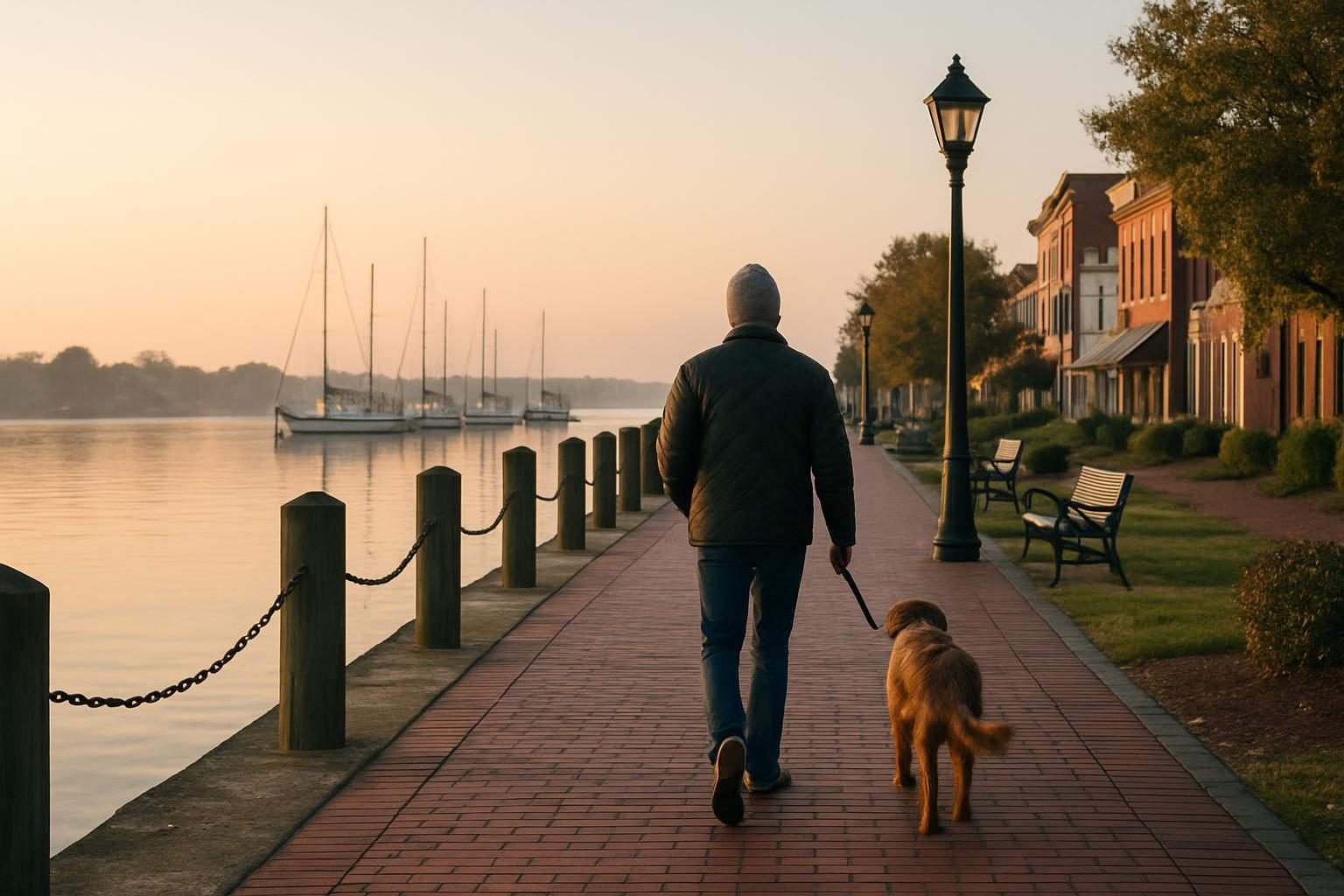 Person walking along a river waterfront at sunrise