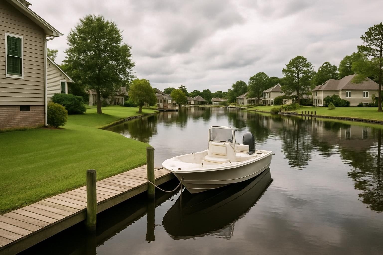 Residential canal with a boat at a backyard dock