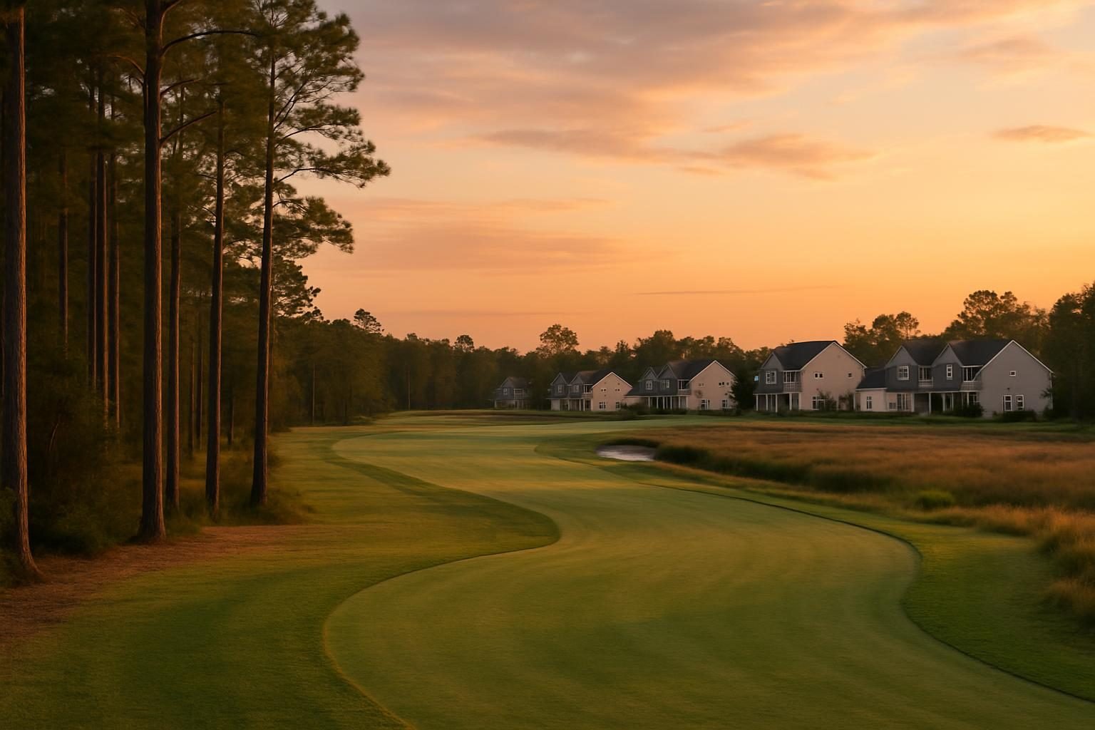 Golf course fairway lined with pines and new homes at dusk