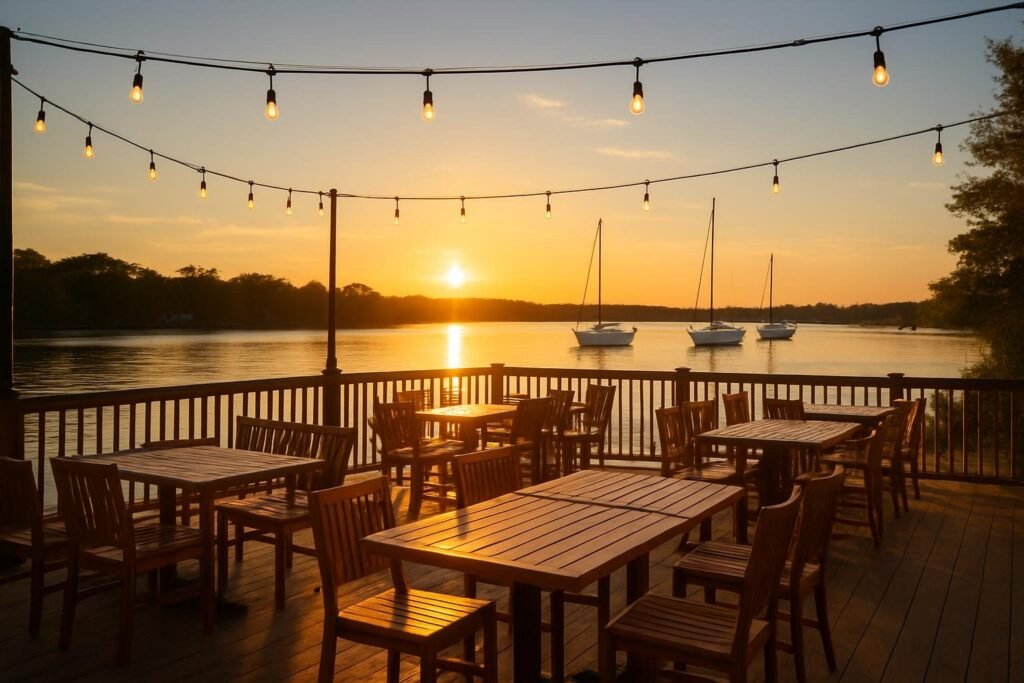 Waterfront patio tables at sunset, one of the best restaurants downtown New Bern settings