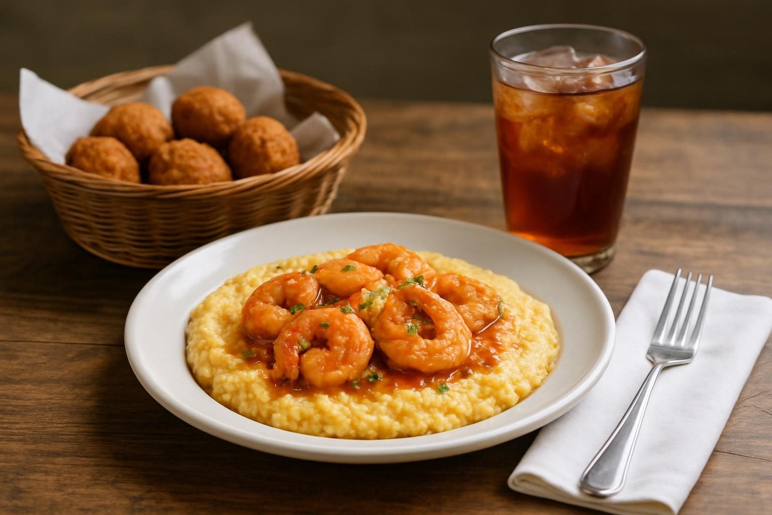 Shrimp and grits with hush puppies and sweet tea on a wooden table
