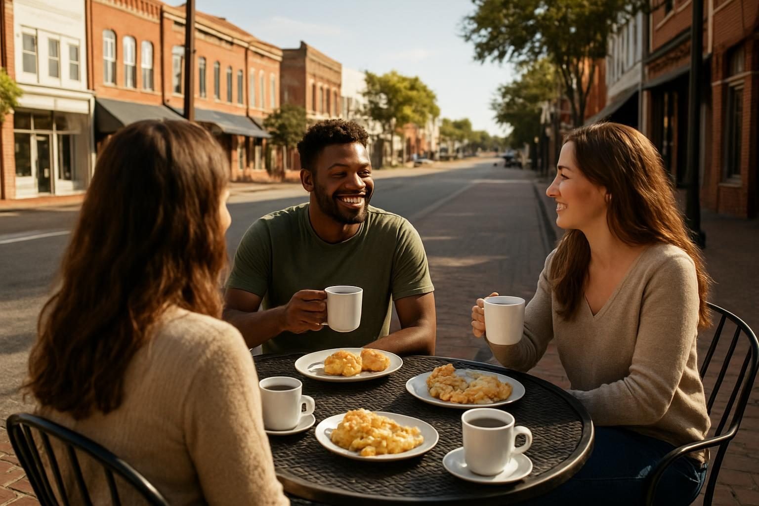 Brunch plates and coffee at a sidewalk table on a historic brick street