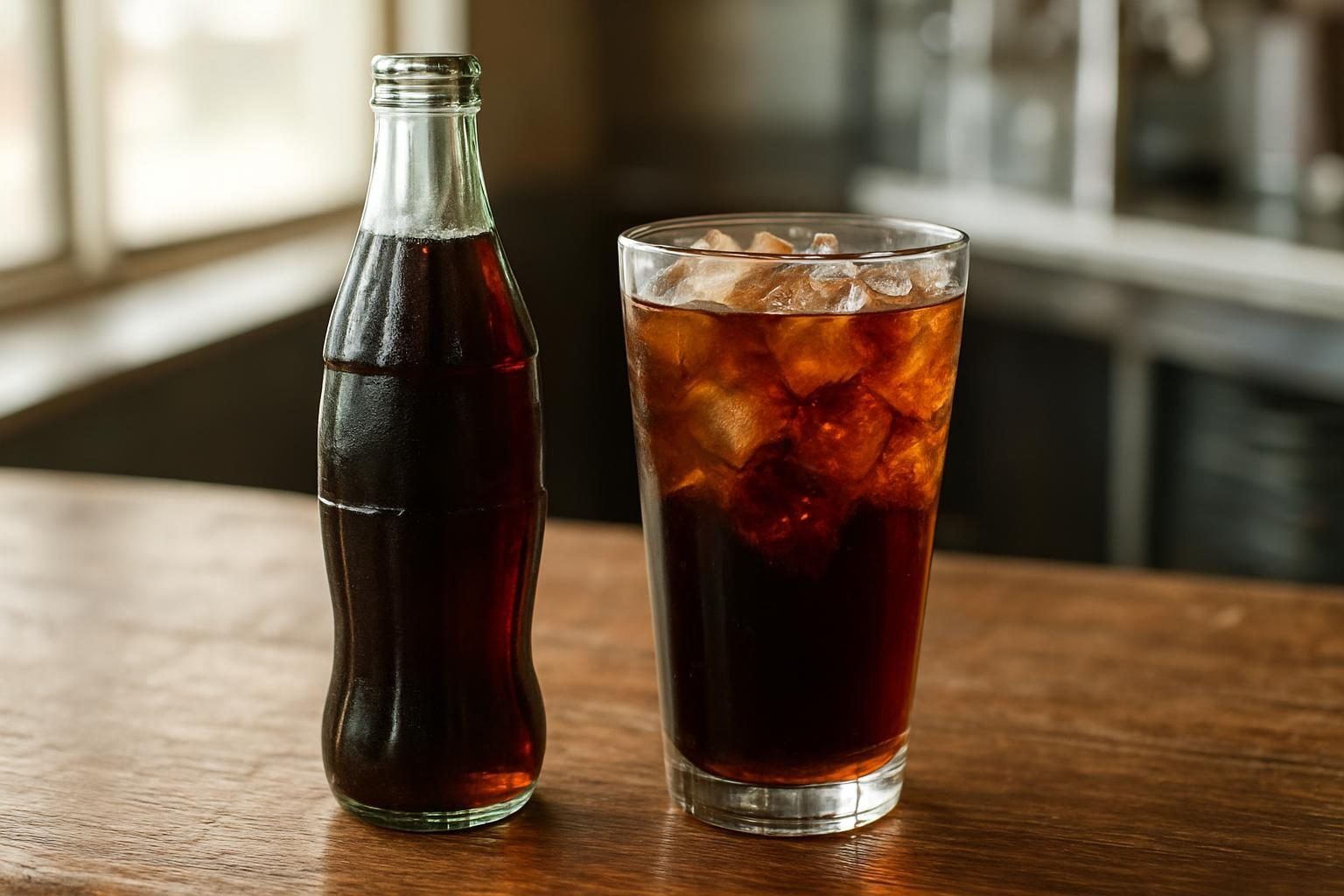 Cold cola in a glass and a vintage-style bottle on a wooden soda counter