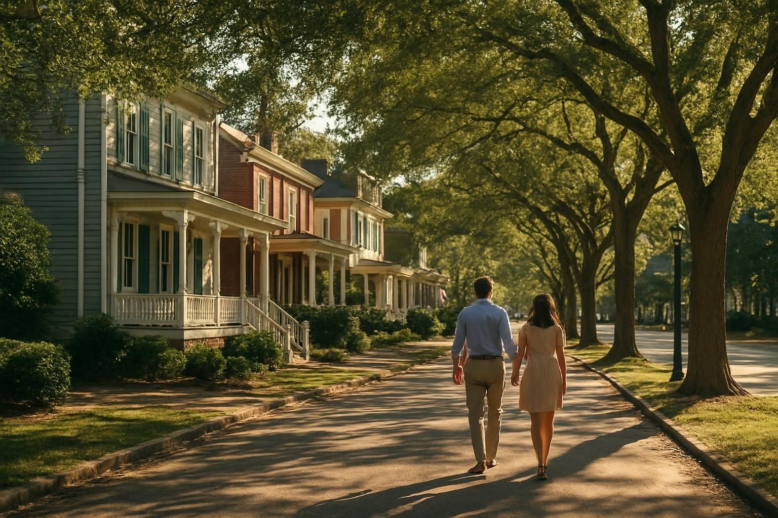 Couple walking a tree-lined street of historic homes in a coastal North Carolina town