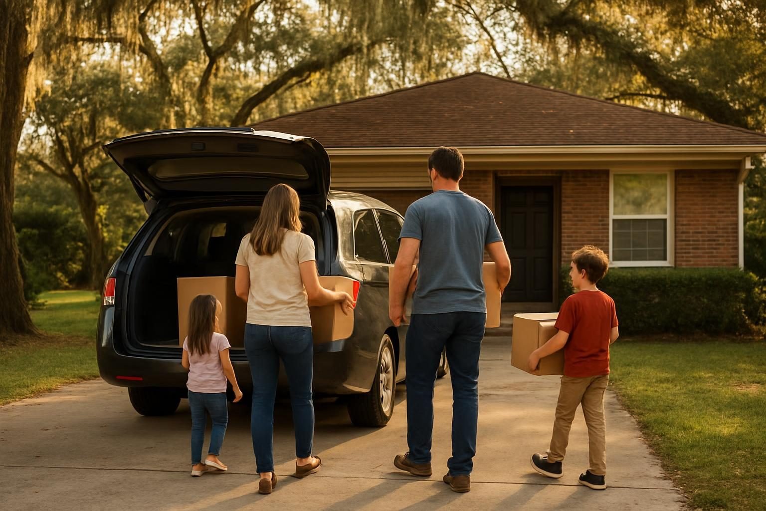 Family unloading moving boxes at a Craven County home