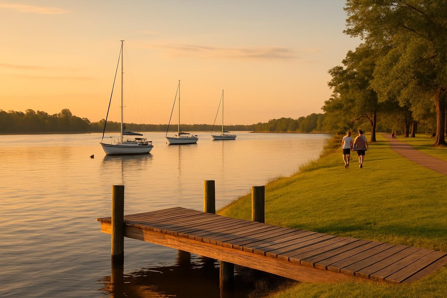 Neuse River waterfront with docks and sailboats at sunset