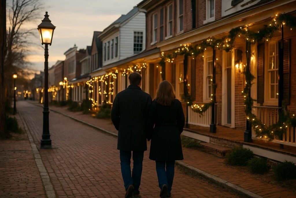 Historic brick street lit for christmas in New Bern at dusk