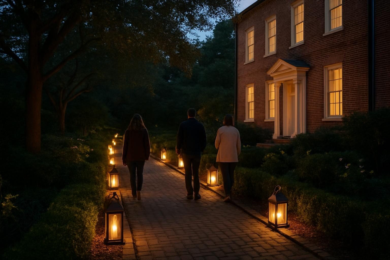 Lantern-lit garden path at a historic building in the evening