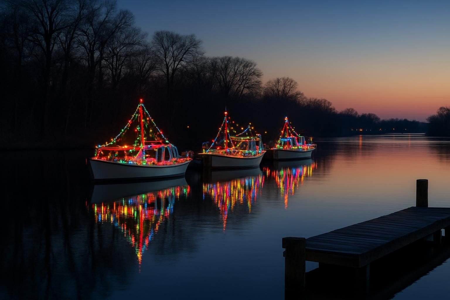 Lighted boats on a calm river at twilight