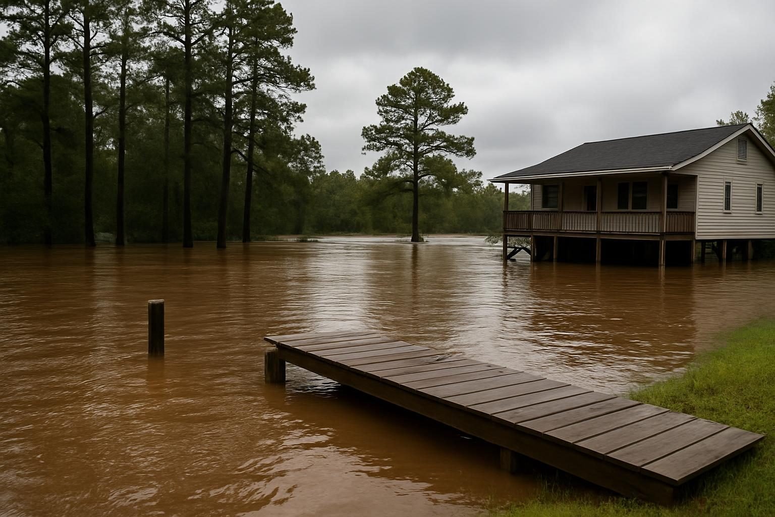 Backyard and dock near a river after heavy rain, showing flood risk