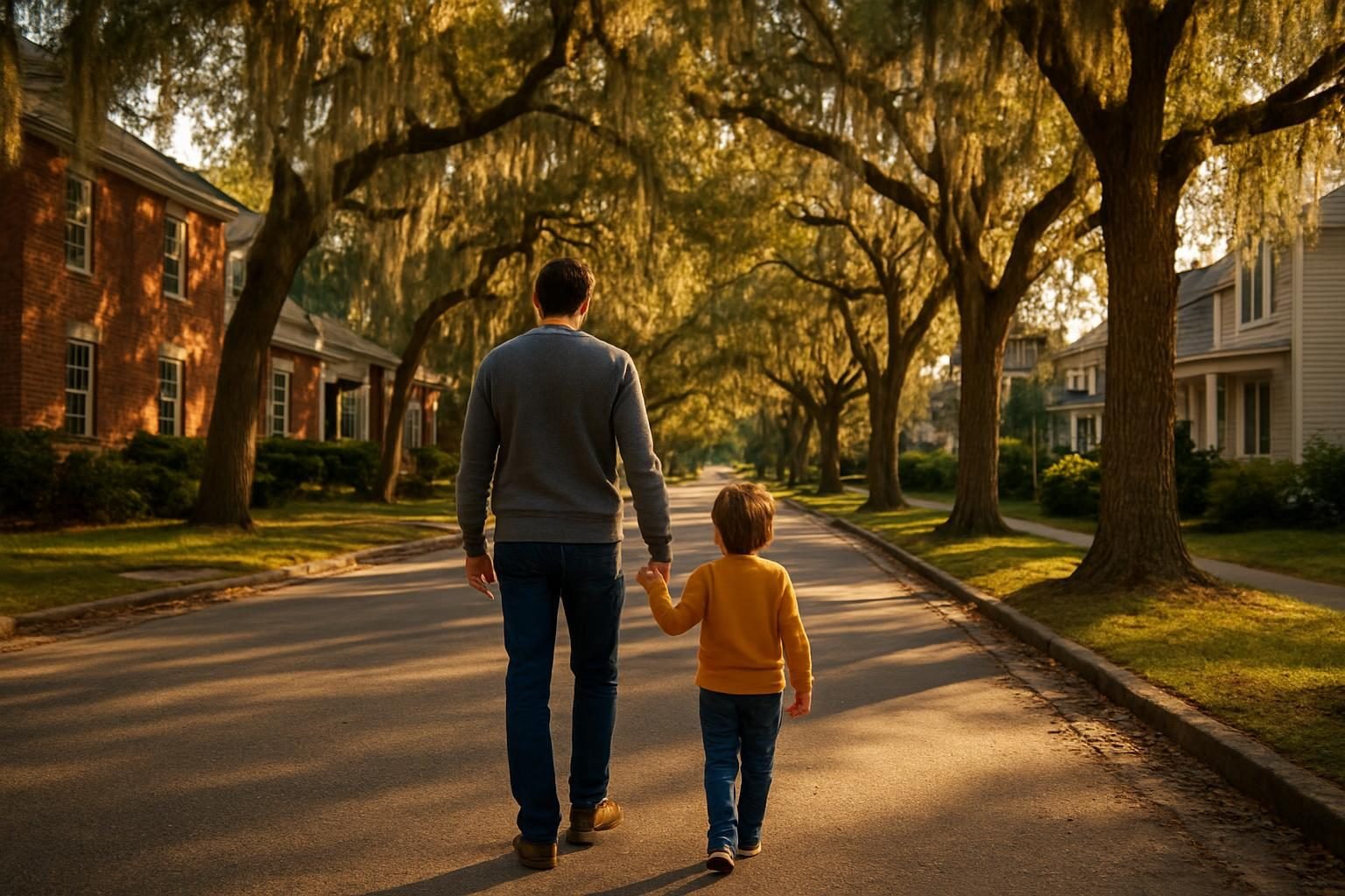 Parent and child walking a tree-lined New Bern street toward home