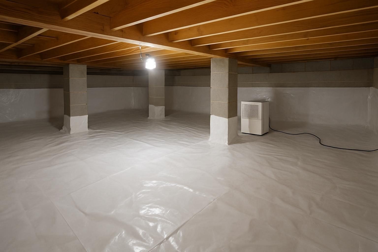 Encapsulated crawl space with white vapor barrier liner and dehumidifier