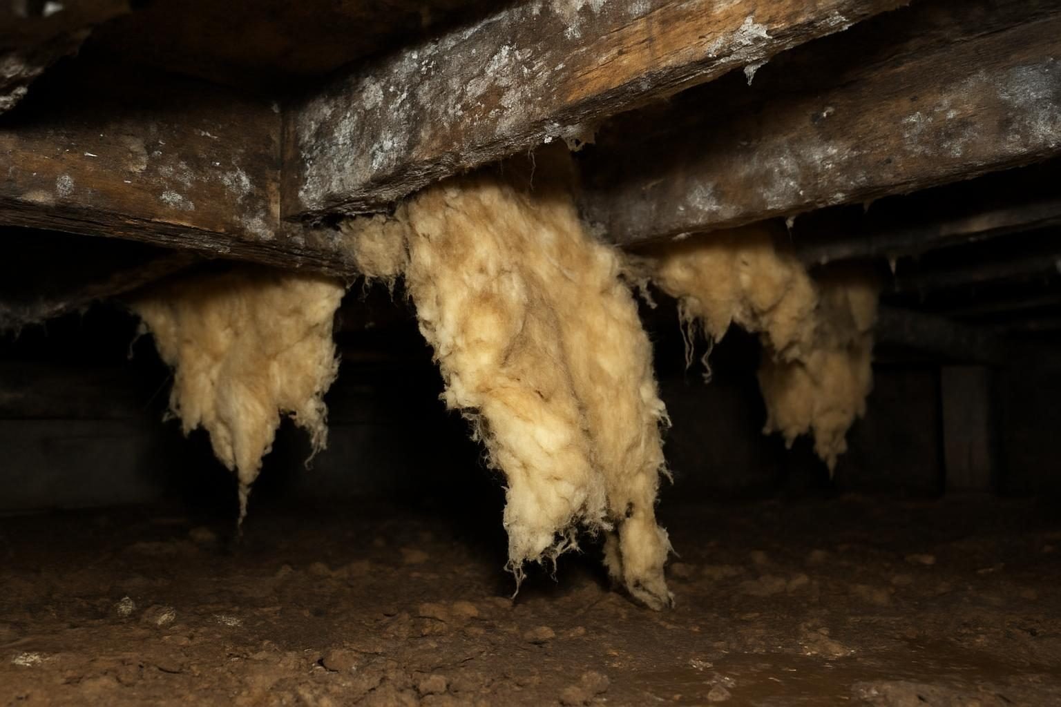 Mold and sagging insulation on floor joists in a damp crawl space