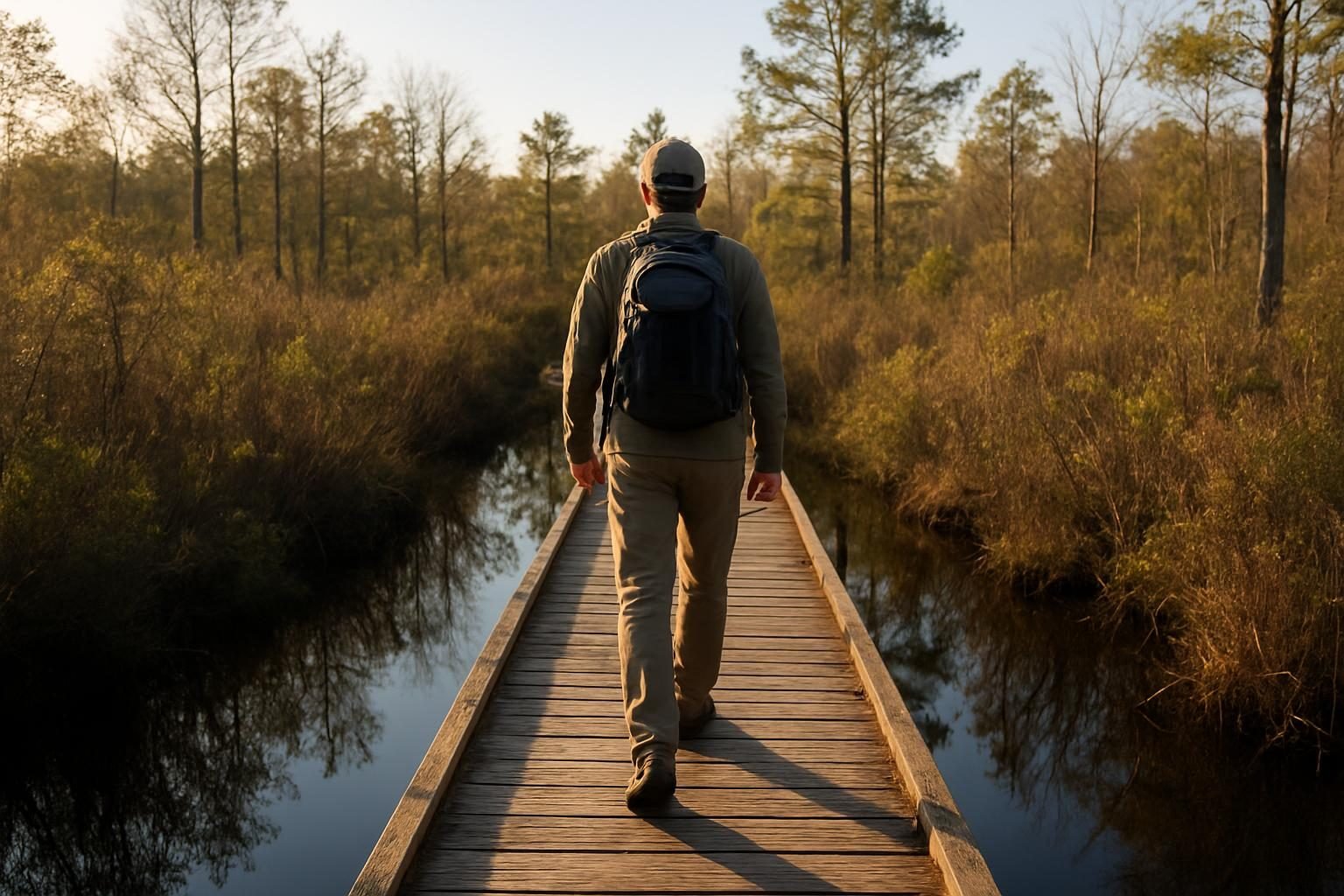 Hiker on a boardwalk crossing a wet pocosin bog