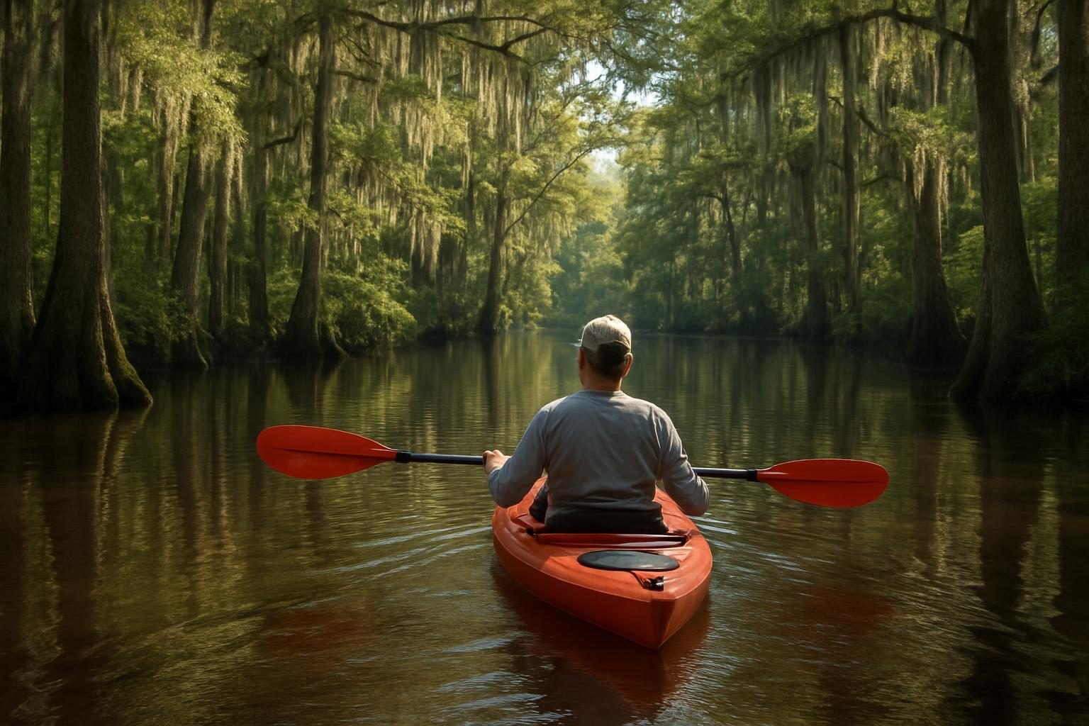 Kayaker paddling a blackwater creek lined with cypress
