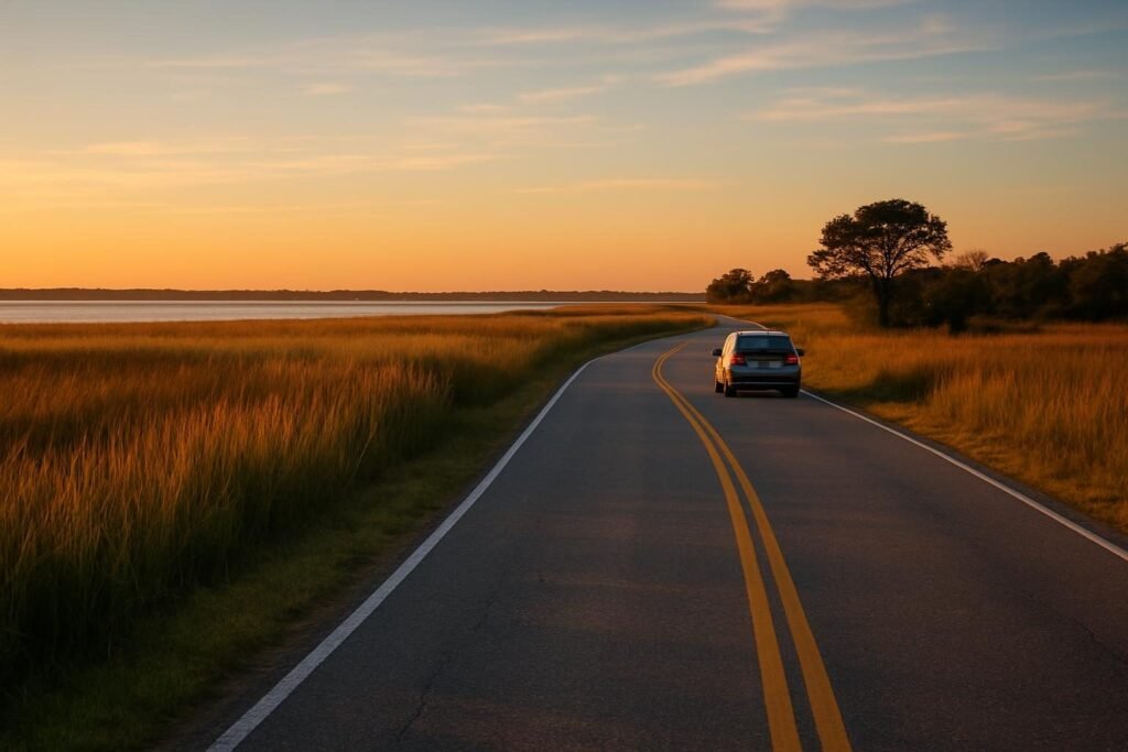 Coastal road toward the water, a scenic day trip from New Bern NC