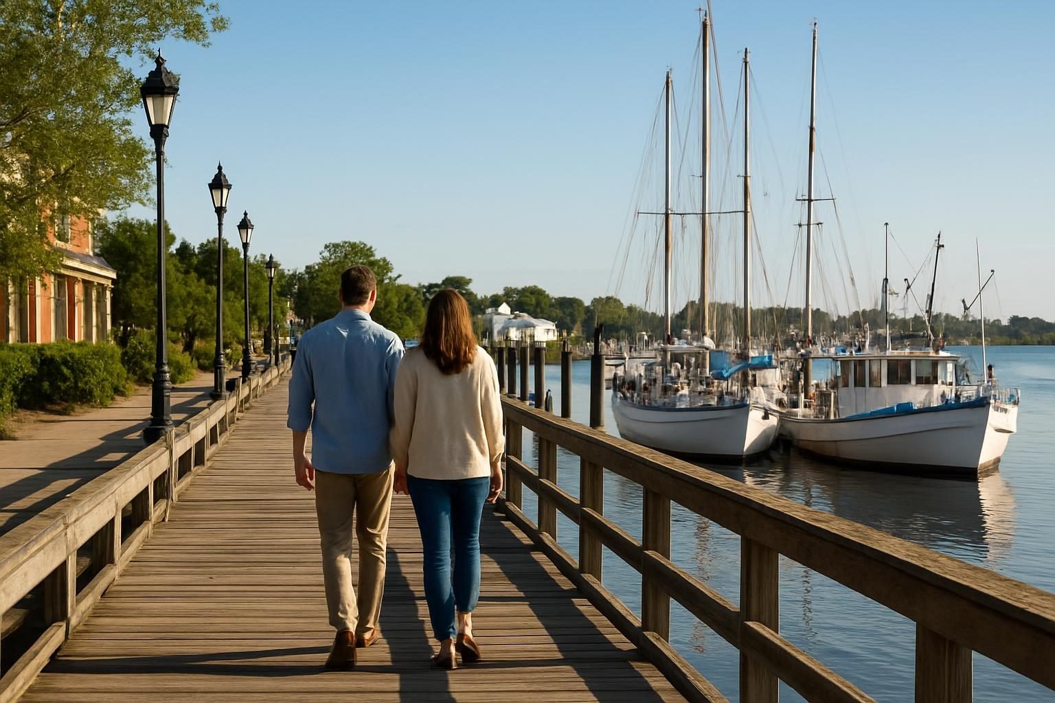 Waterfront boardwalk with moored boats on a sunny morning