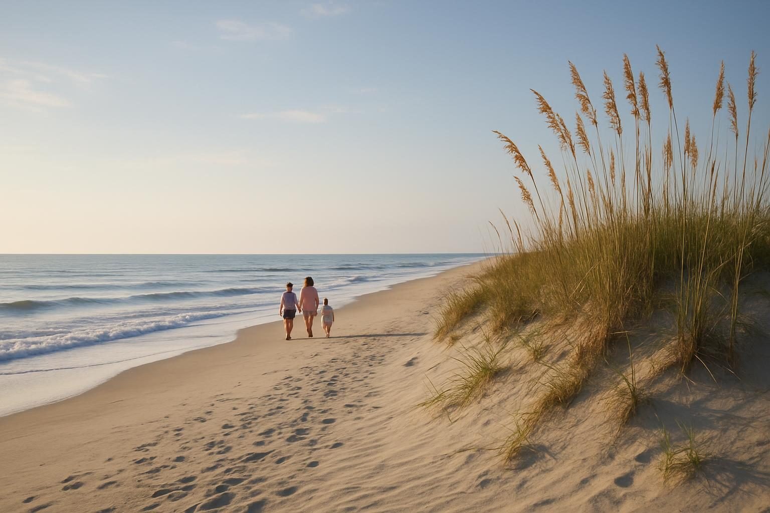 Sandy beach at sunrise with dunes and sea oats
