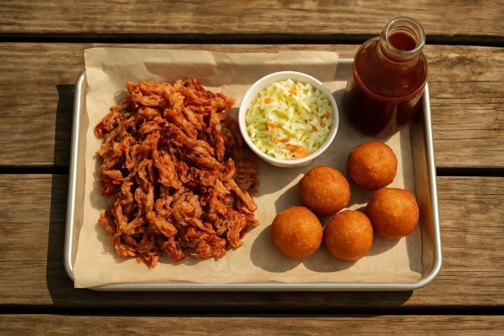 Eastern NC barbecue tray with chopped pork, slaw and hushpuppies on a wooden table