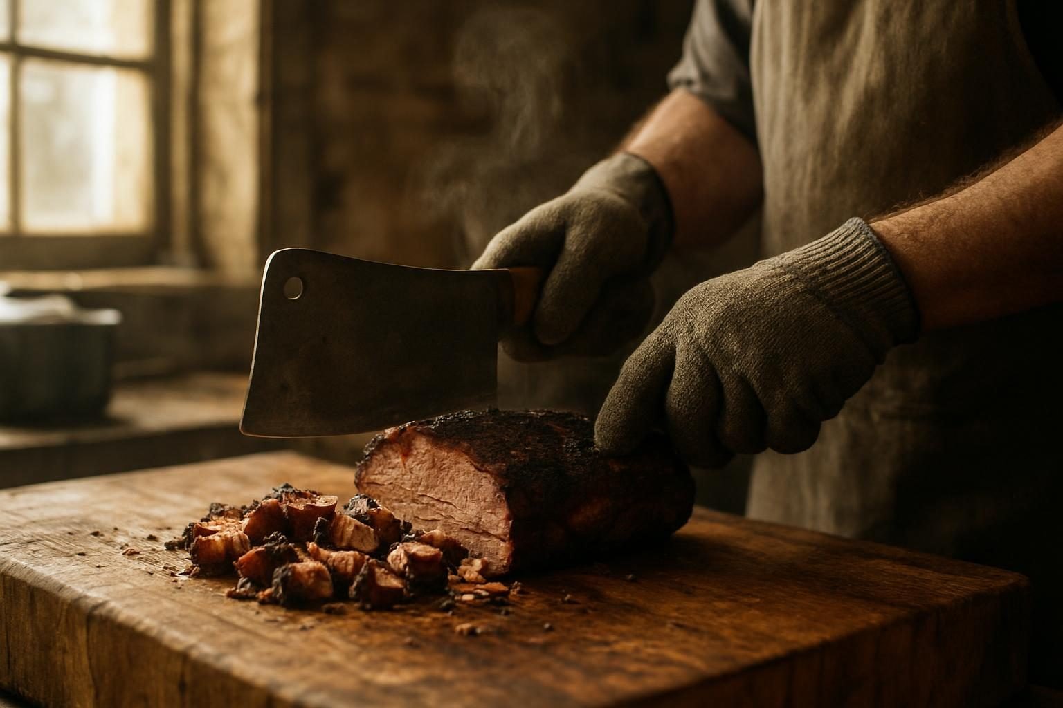 Cook chopping smoked whole hog pork on a butcher block