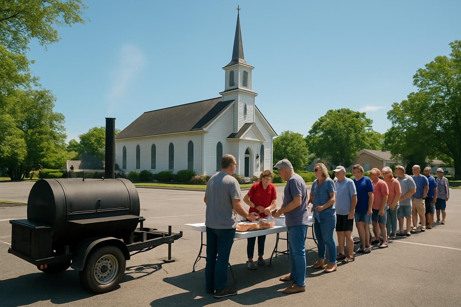 Neighbors lining up at a community barbecue fundraiser in a church lot