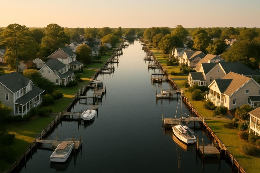 Canal-side homes and docks in Fairfield Harbour, NC on the Neuse River