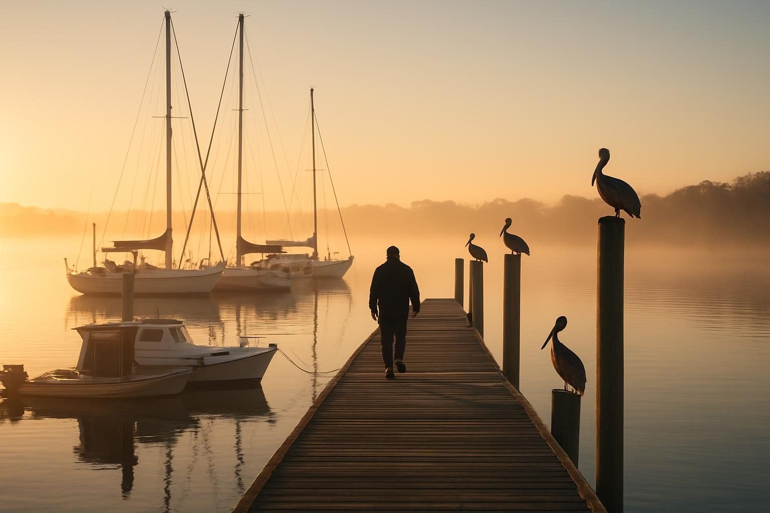 Boats moored at a marina on the Neuse River at sunrise