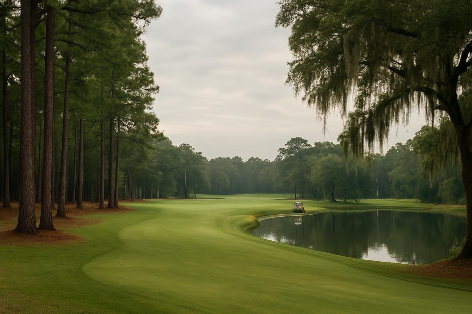 Golf fairway lined with pines near the Neuse River