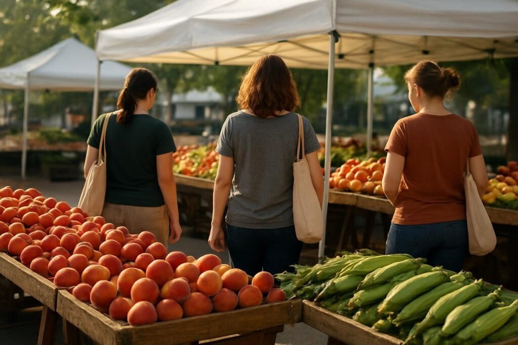Fresh summer produce on tables at a farmers market in New Bern, North Carolina
