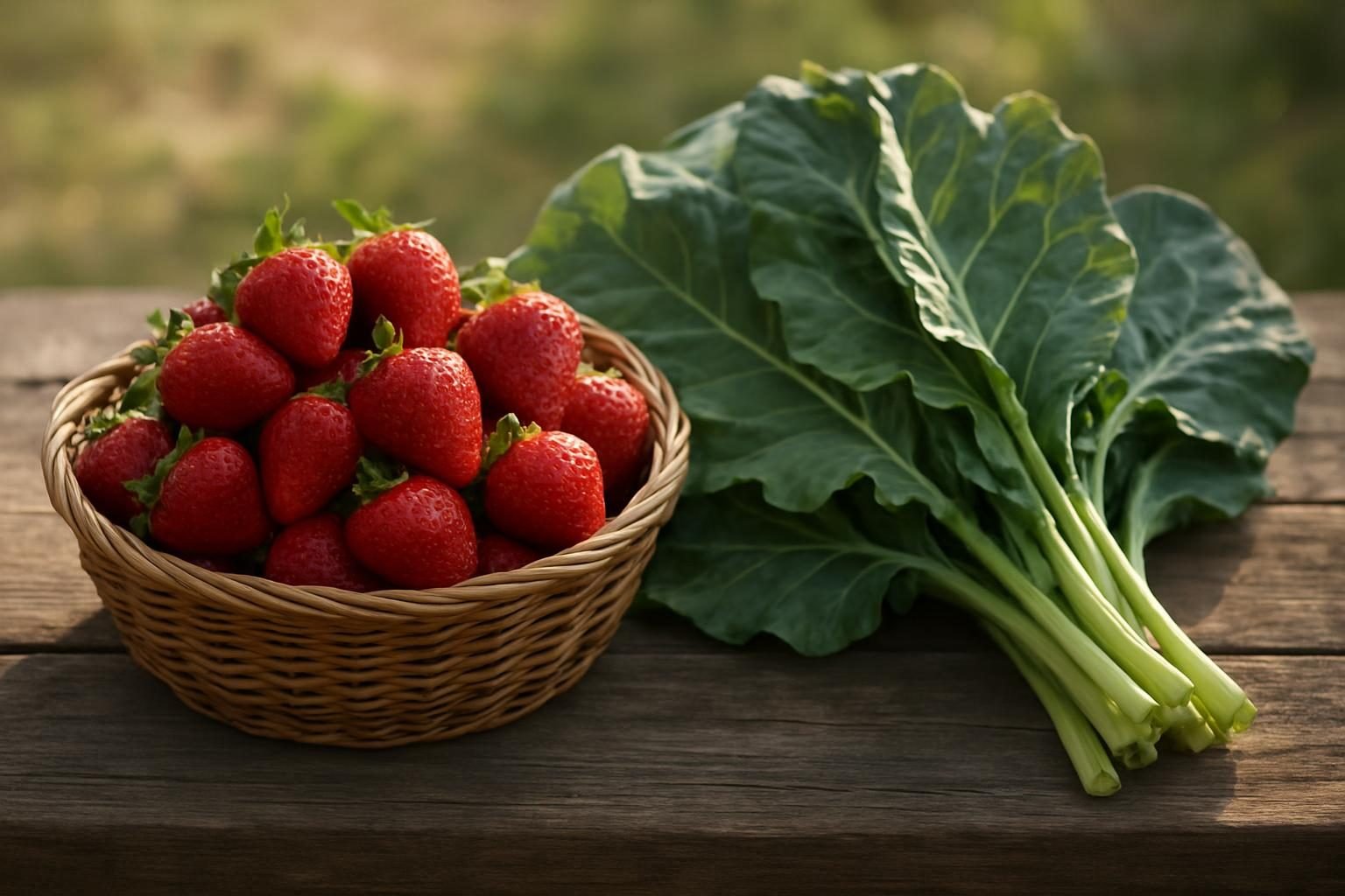 Spring strawberries and greens in baskets at a local market