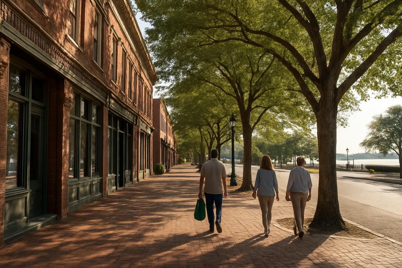 Shoppers walking a tree-lined historic downtown street carrying market bags