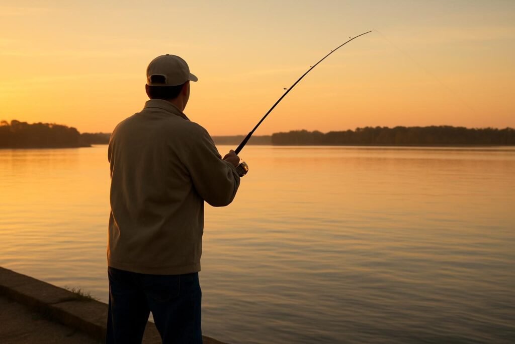 Angler casting from the bank at sunrise while fishing the Neuse River near New Bern