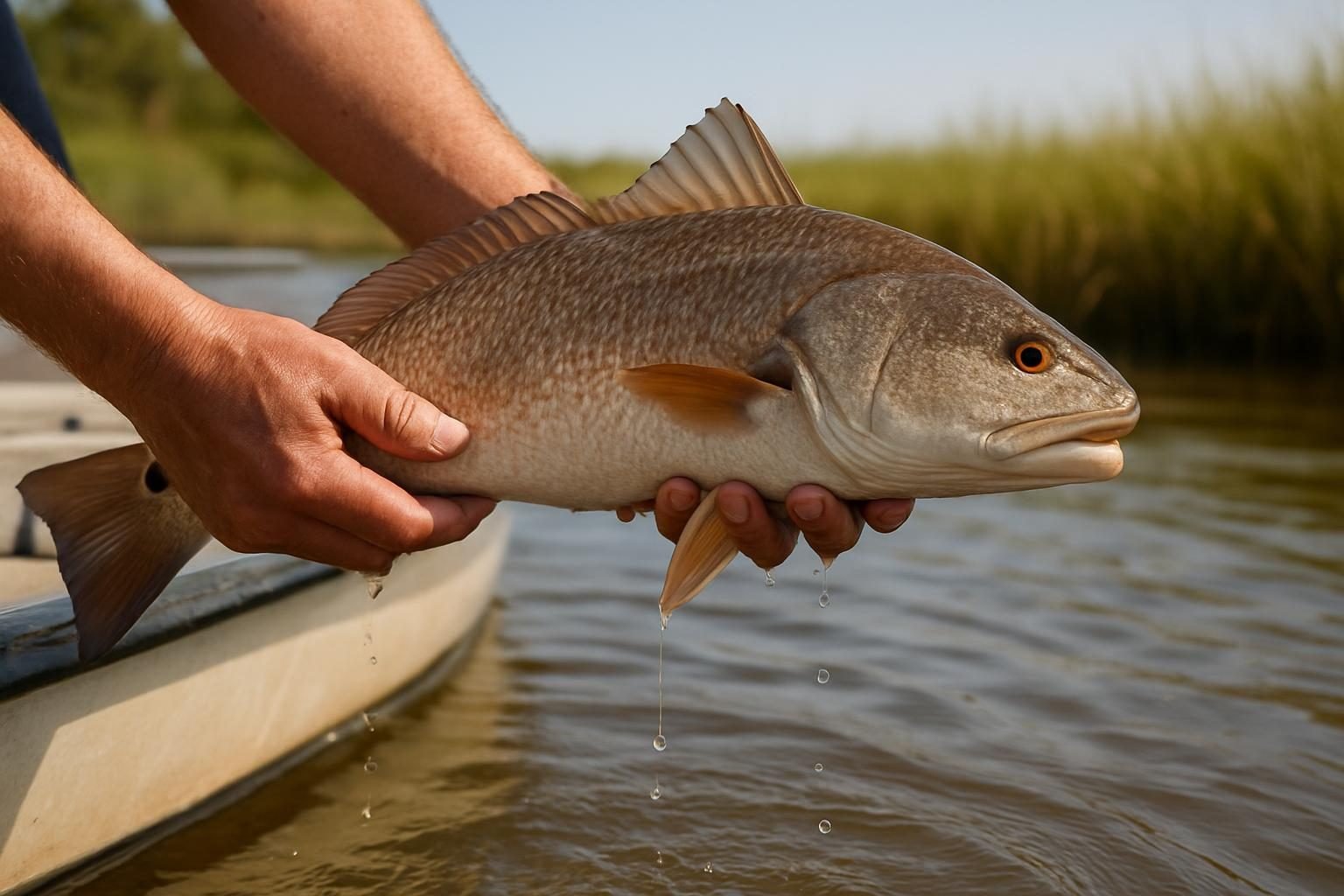 Angler holding a red drum above the water beside a boat
