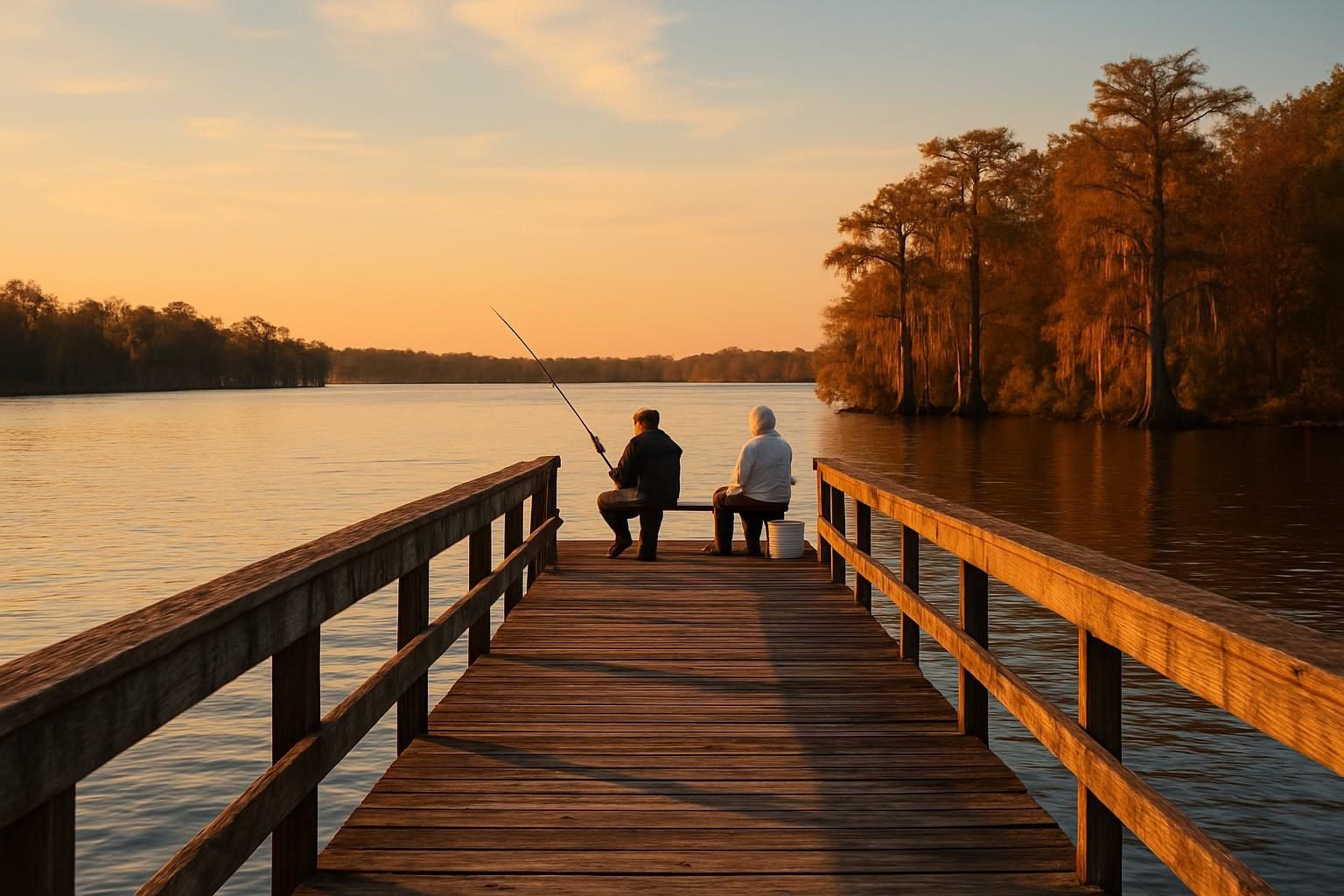 Public fishing pier on a river at golden hour with anglers sitting at the end