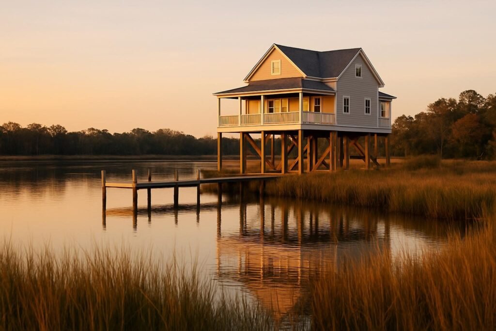 Elevated waterfront home beside a tidal river, a key consideration for flood zones in New Bern