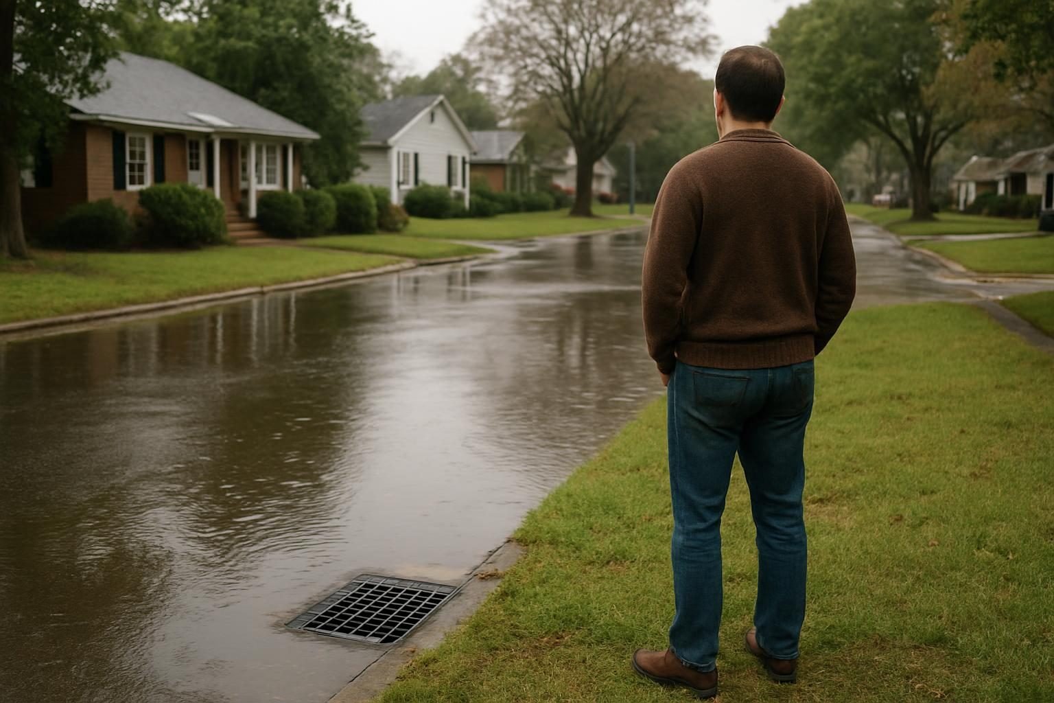 Rainwater pooling along a residential curb and storm drain after a heavy storm