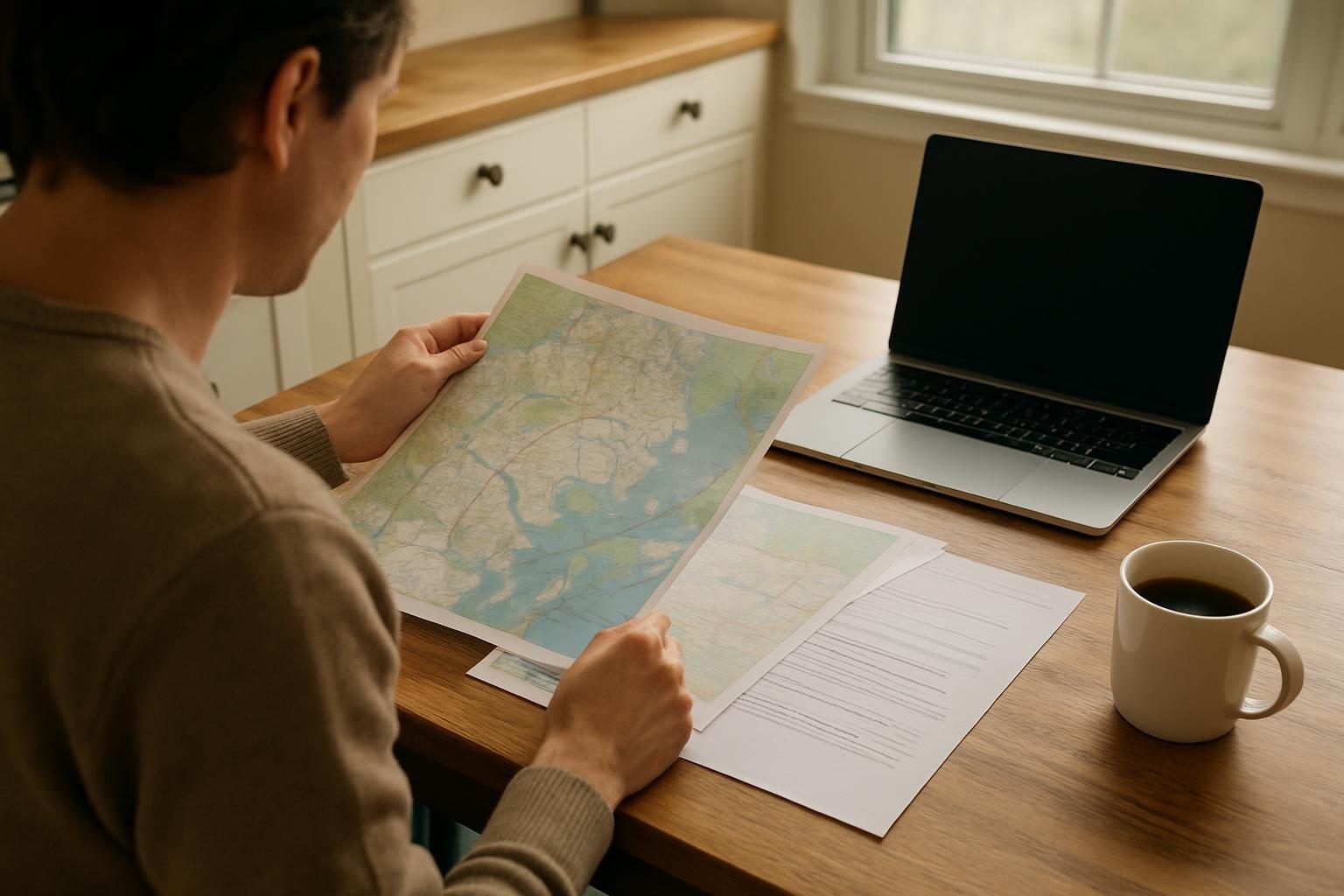 Homebuyer reviewing maps and paperwork at a kitchen table
