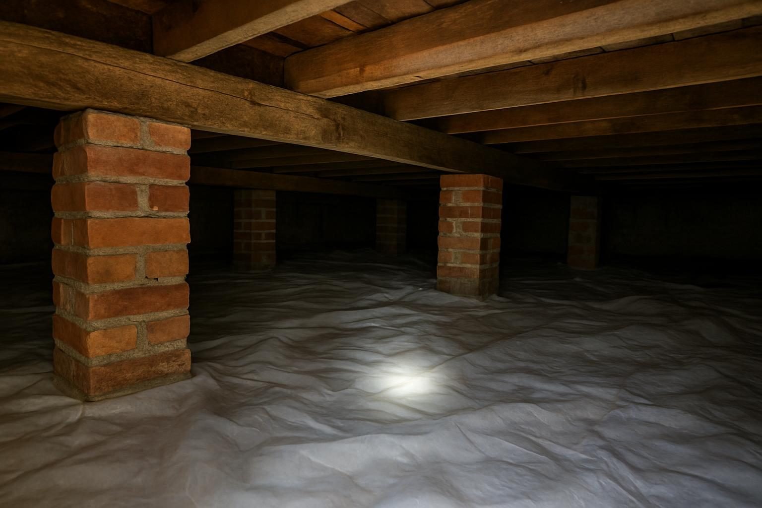Crawl space with brick piers, floor joists and a vapor barrier