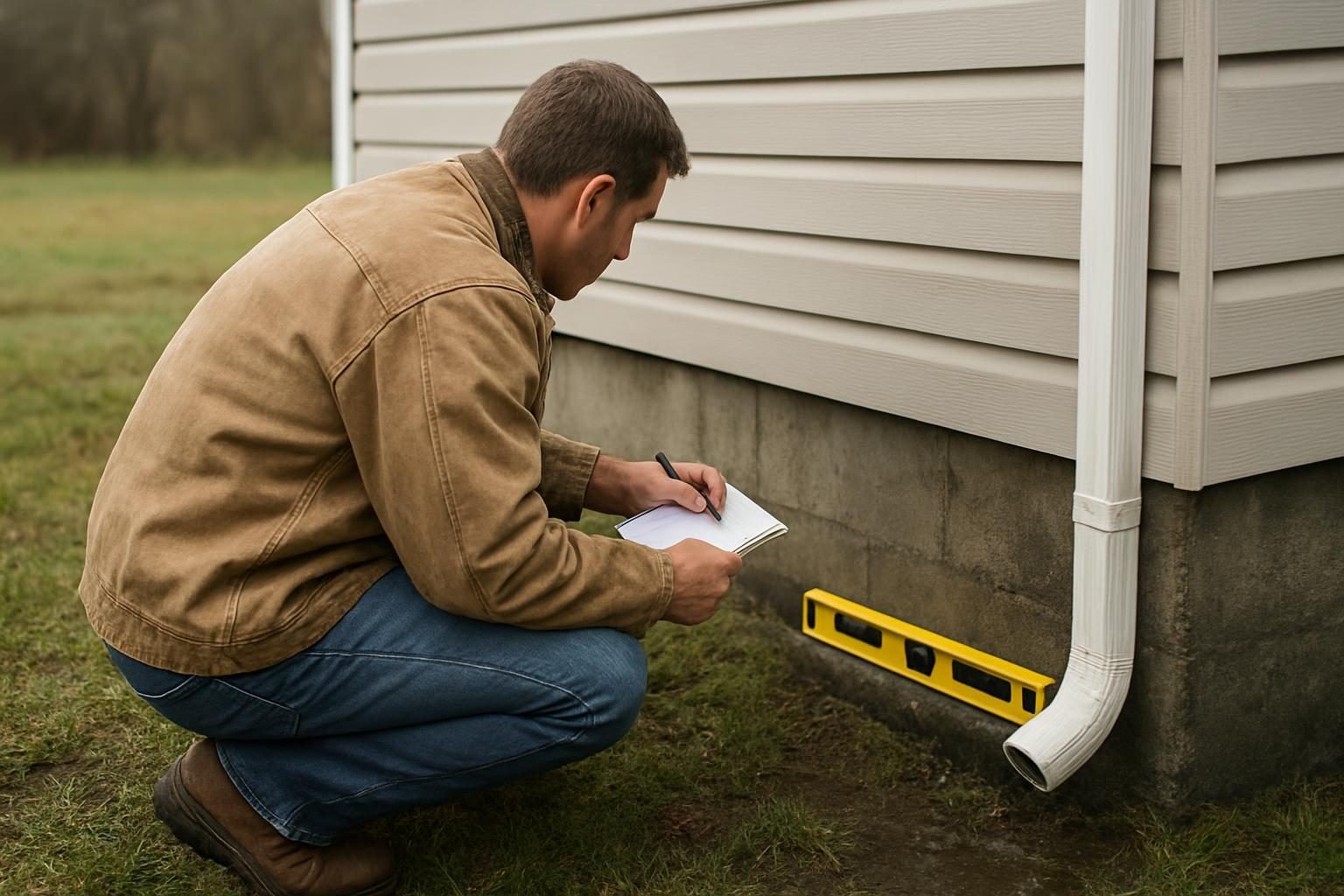 Inspector checking the foundation and drainage along the side of a house