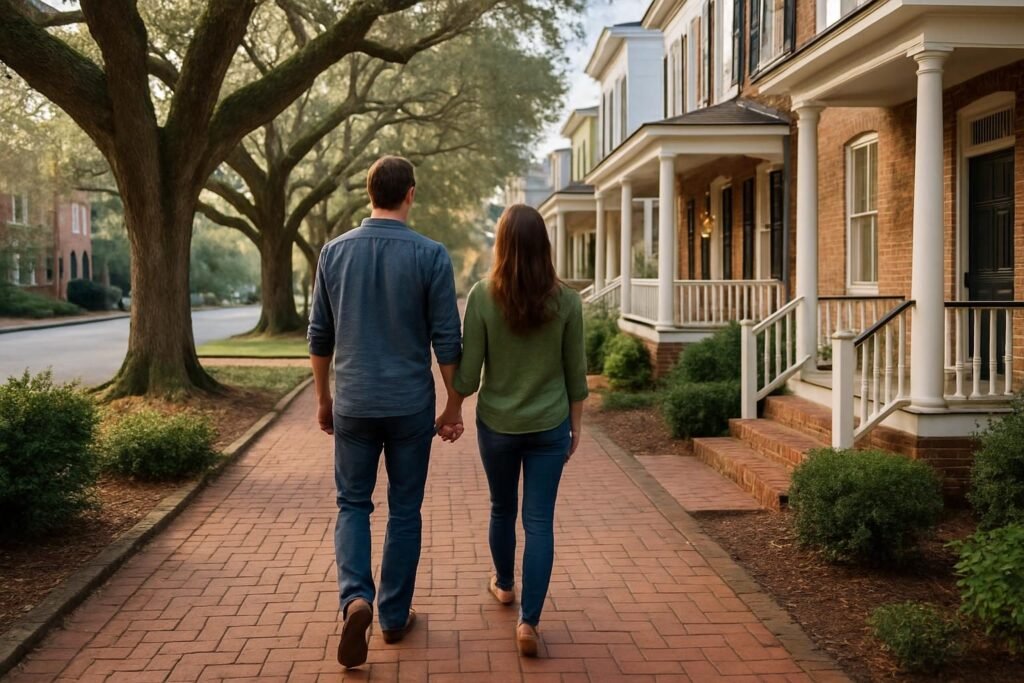 Couple strolling a brick sidewalk past historic homes, free things to do in New Bern