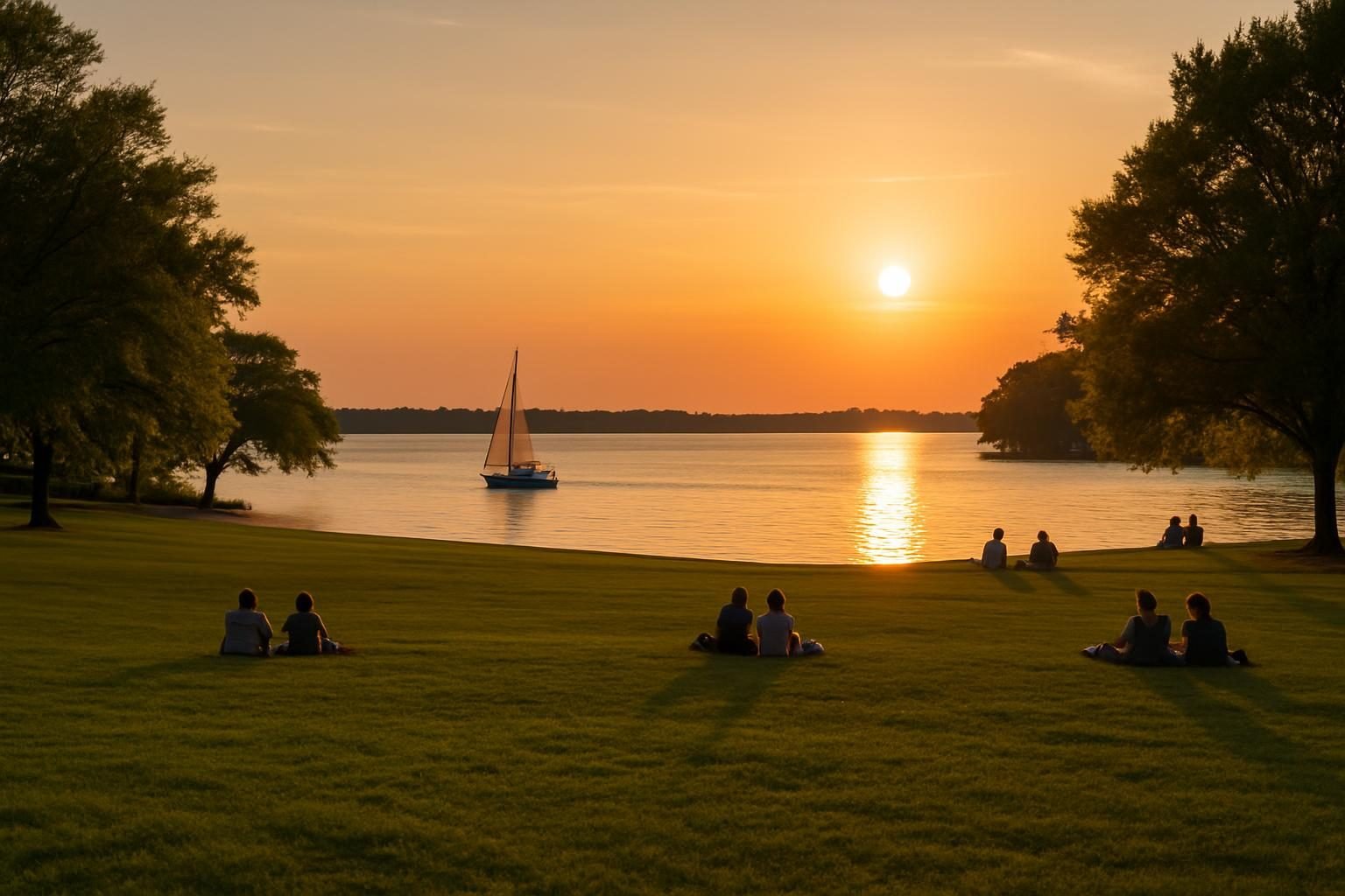 Riverfront park lawn at sunset with a sailboat on the water