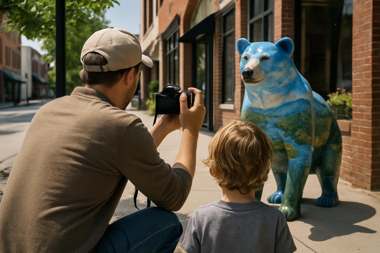 Family photographing a painted bear sculpture on a downtown sidewalk
