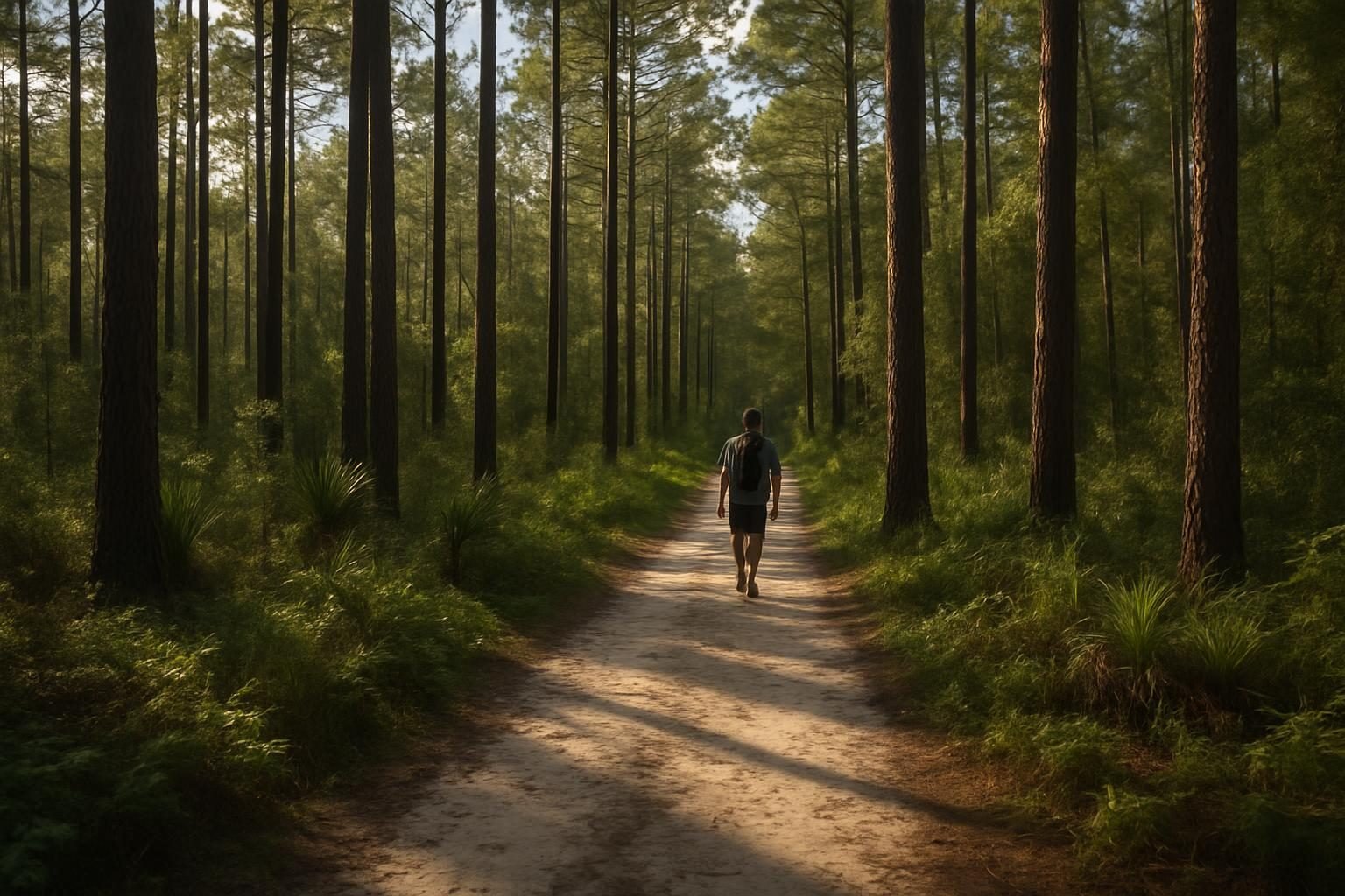 Hiker on a pine forest trail in coastal North Carolina
