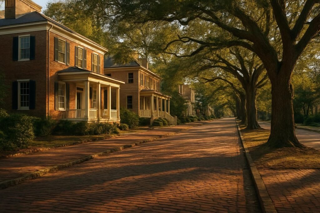 Historic brick street lined with old houses, reflecting the history of New Bern NC
