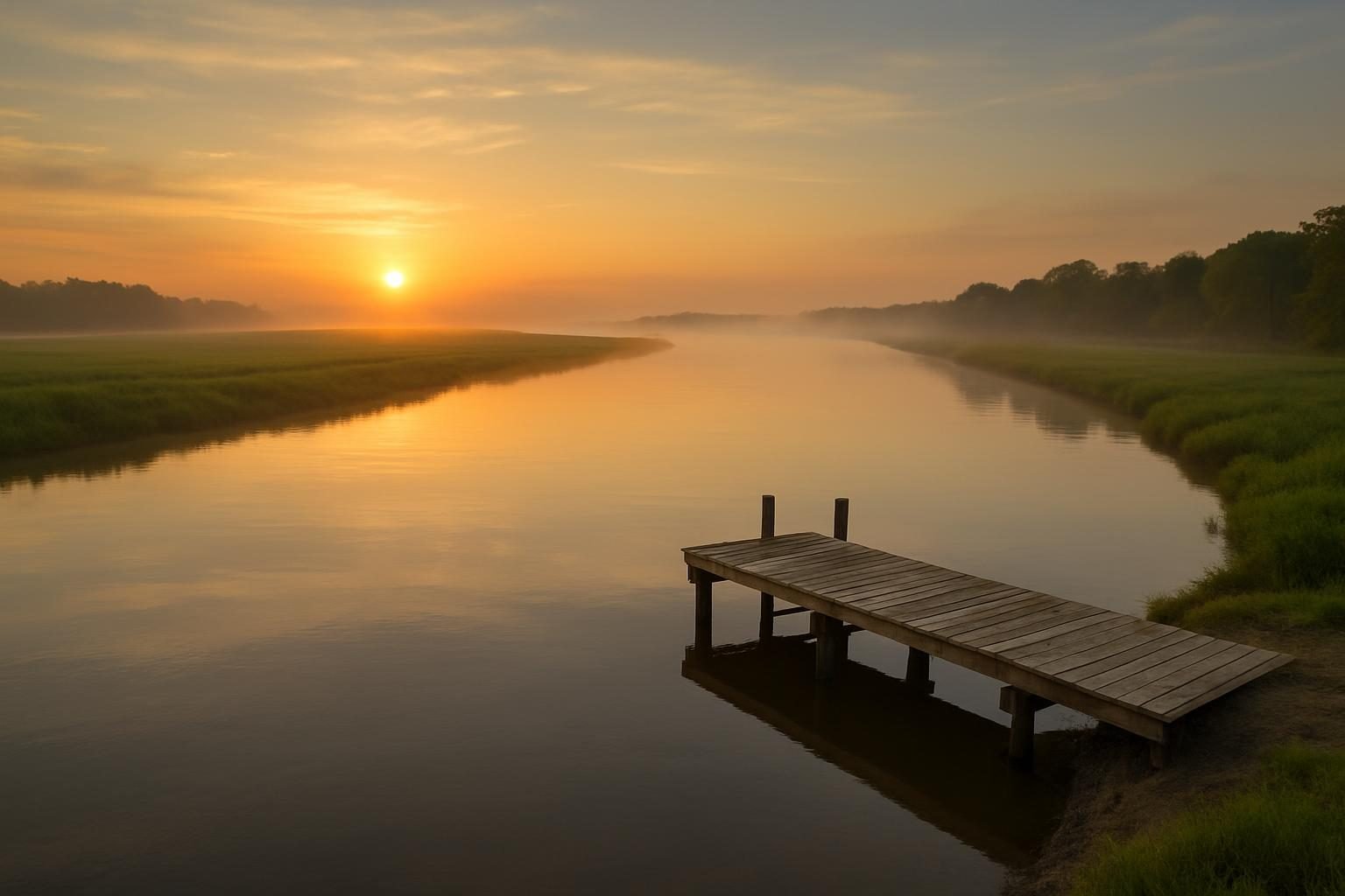 Two rivers meeting at sunrise with a wooden dock and misty shoreline