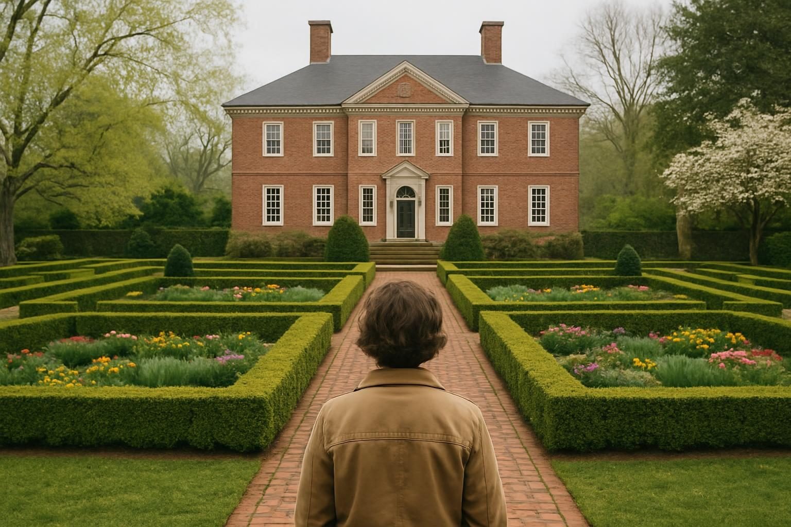 Formal colonial-style garden with trimmed hedges and a visitor walking along a path