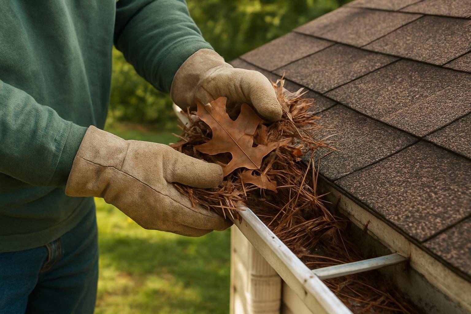Homeowner cleaning leaves from a gutter on a shingle roof
